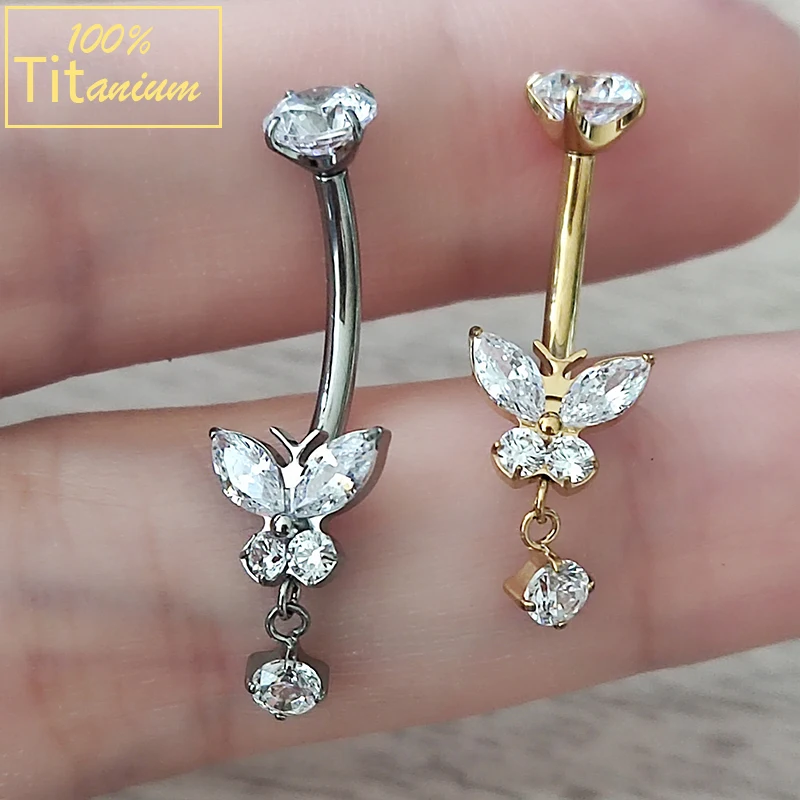 

14G Butterfly Belly Button Ring F136 Titanium Belly Piercing for Women Crystal Zircon Dangle Navel Piercing Stud Earring Jewelry