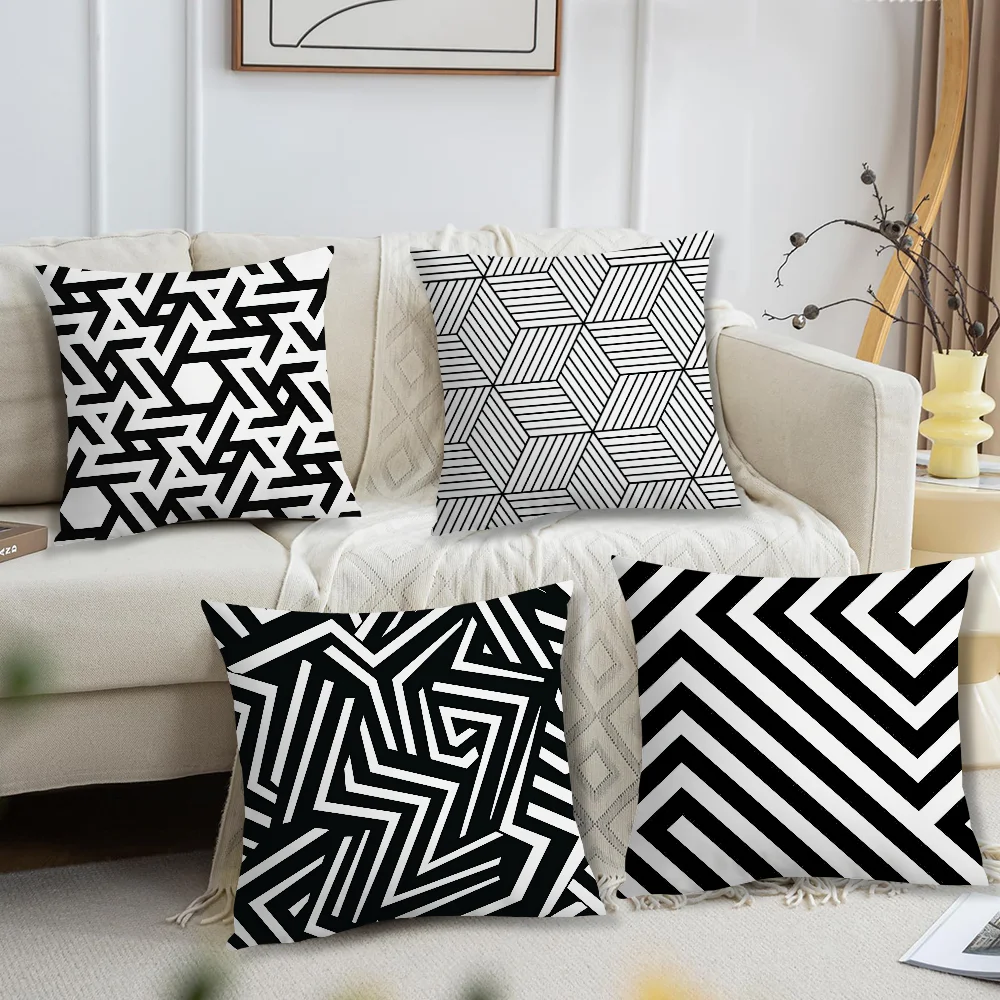 Black and White Geometric Line Star Pillow Case Living Room Accent Couch Back Support Square Lounge Restful Nap Companion ﻿