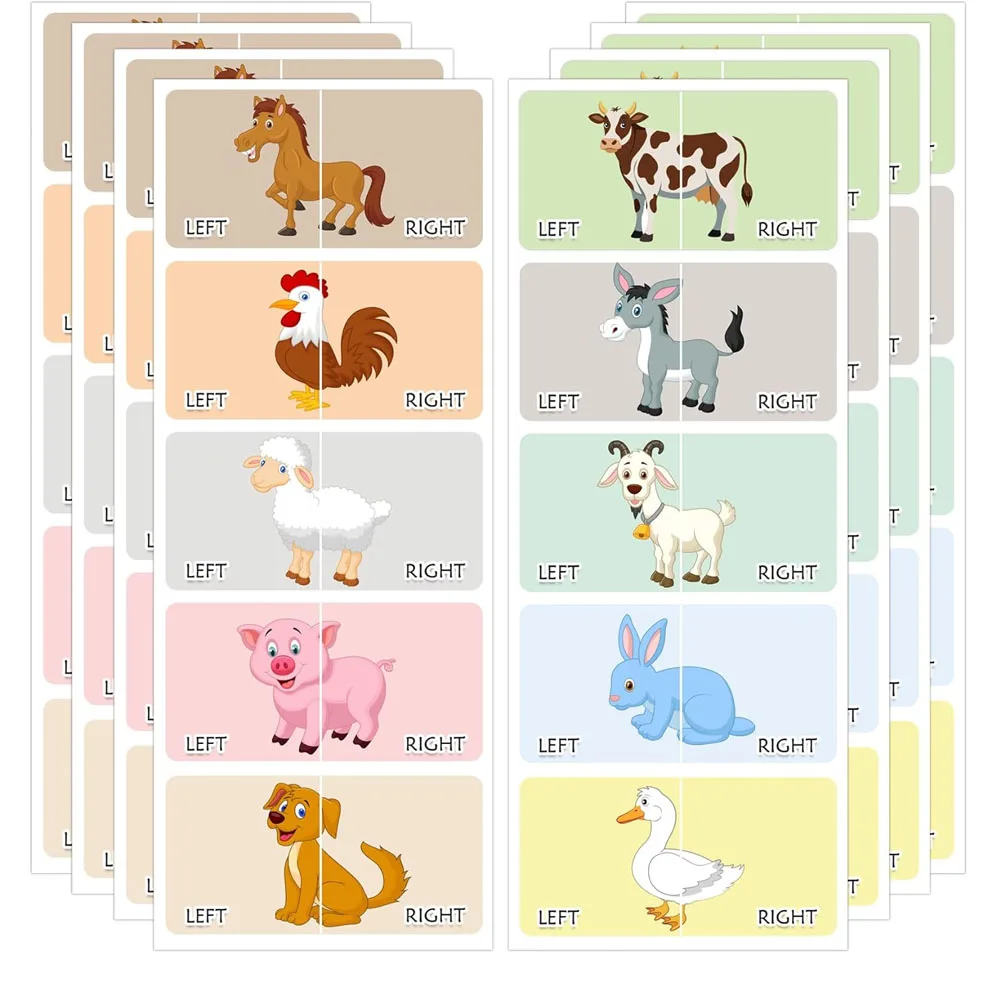 80Pcs Cute Farm Animal Right Left Stickers 3x1.5 Inch Cartoon Chicken Pig Sticker for Boys Girls Shoes Stickers Early Learning