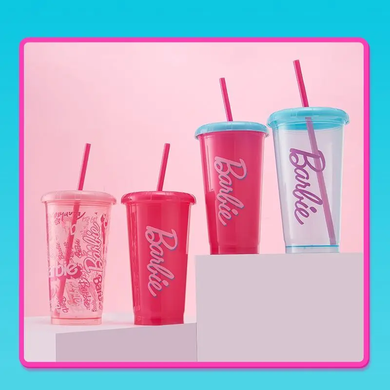 4pcs MINISO Barbie Cup Cute Cartoon Home Party Plastic Straw Tumbler 520ML Girls Party Decor Accessories Y2K Anime Toy Kids Gift