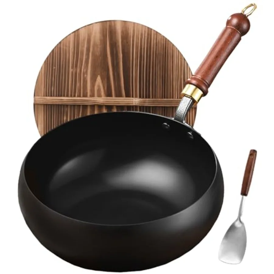 

Caron Steel Wok Pan 11″ Woks and Stir-Fry Pans wit wooden Lid Cookwares Nonstick Wok Flat ottom Small andmade Cine Wok For for