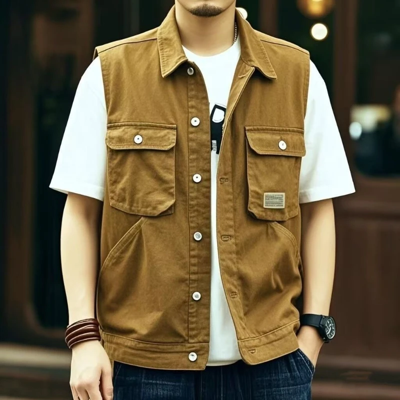 

Oversized Denim Vest for Men Loose Workwear Jacket with Multiple Pockets Hong Kong Inspired Casual Streetwear for Spring Autumn​