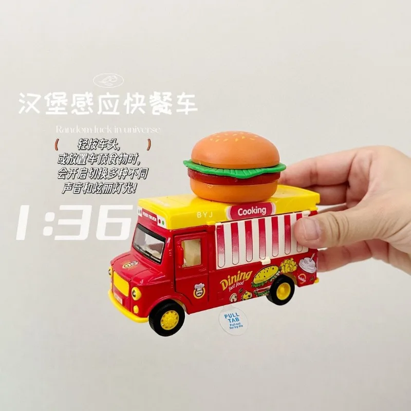 1/36 Magnetic Induction Fast Food Truck Alloy Diecast Car Model Toy with Sound Light Pull Back Collection Gifts for Boy Birthday