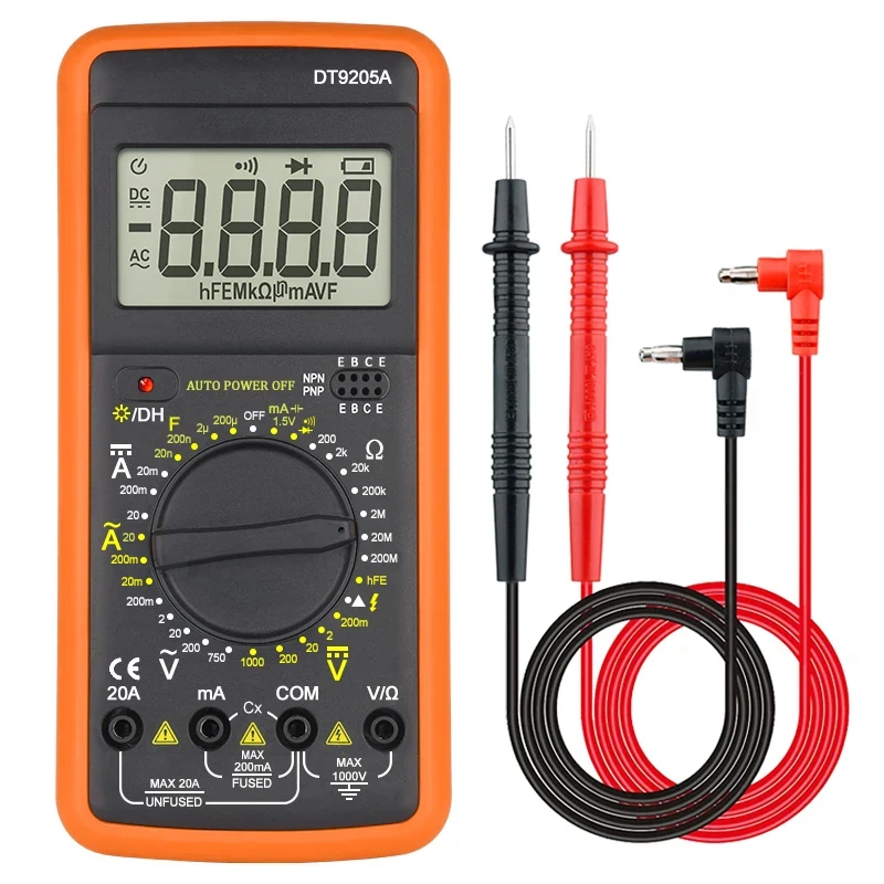 Imagem -02 - Elétrica Handheld Tester Medidor Multímetro Digital Amperímetro Display Lcd Dt9205a ac dc Profissional