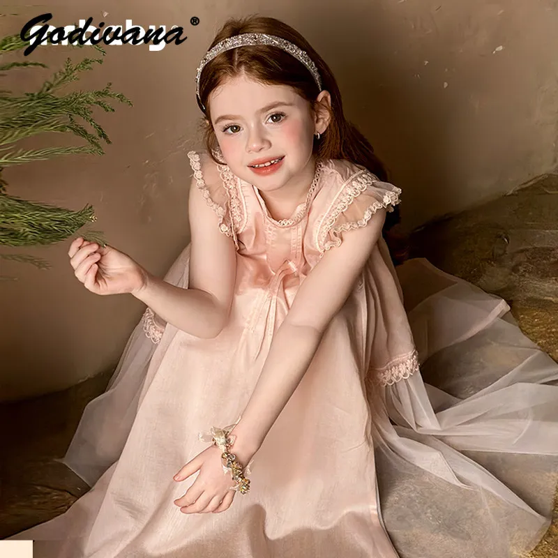 2026 New Spring and Summer Girls Sweet Feifei Sleeve Lace Trim Dress Kids Tencel Lyocell Breathable Loose Princess Long Dress