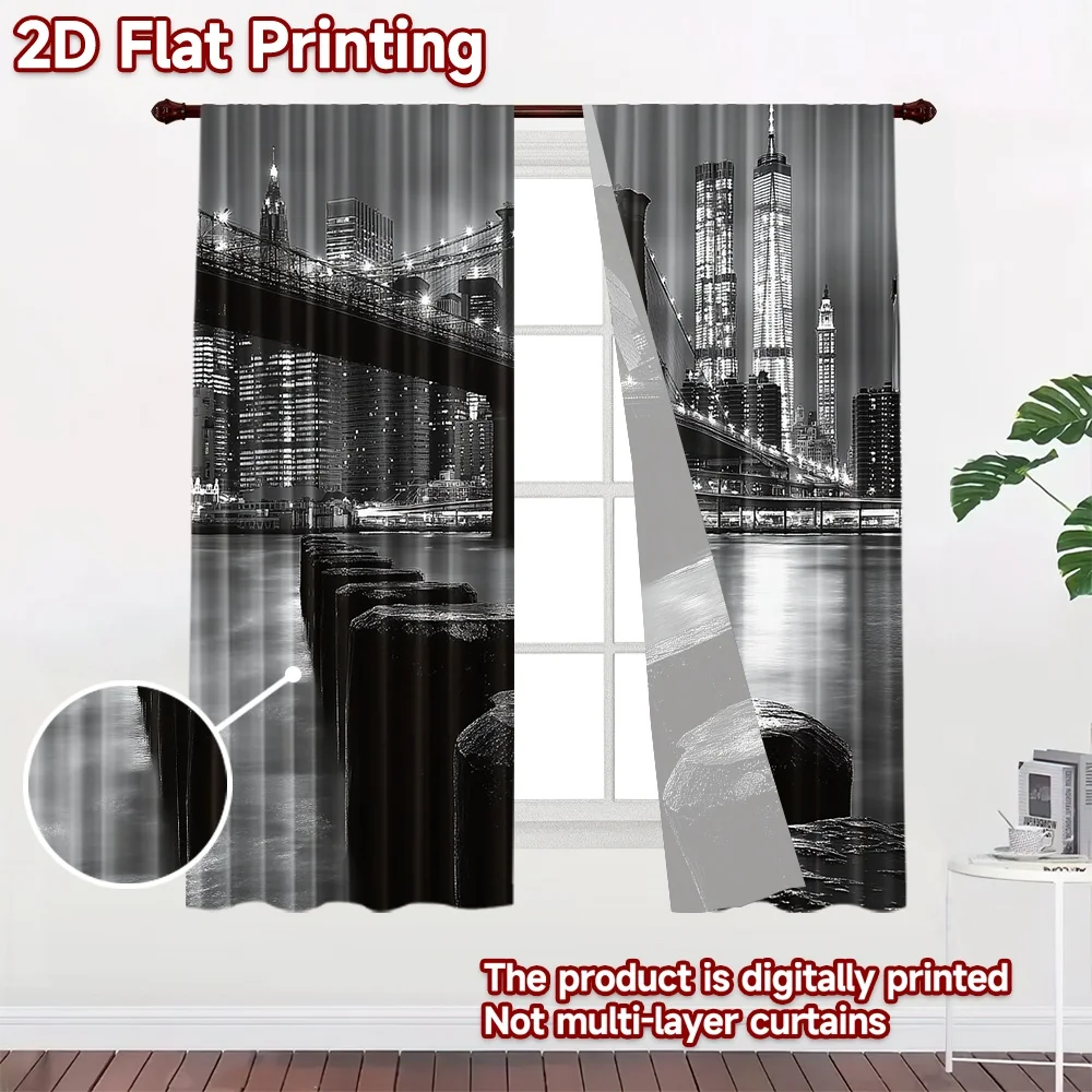 2D flat 2pcs Curtain French Romantic Style Brooklyn Bridge Skyline Night Digitally printed polyester, colorfast Party