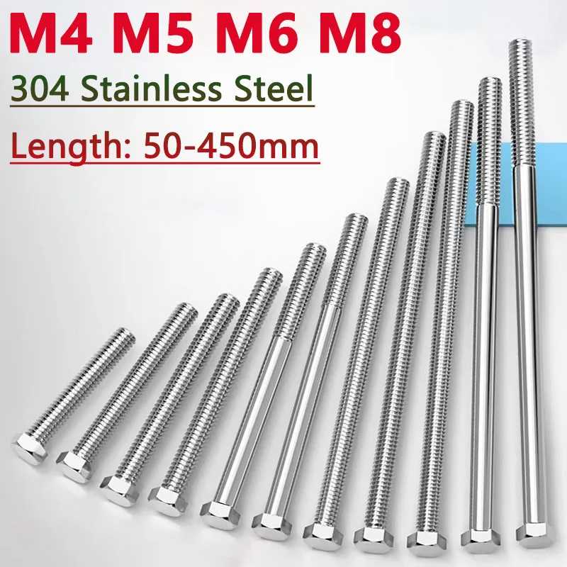 

Ultra Long M4 M5 M6 M8 304 Stainless Steel External Hex Screws Hexagon Head Bolt Length 50-350/400/450mm Full/Half Thread