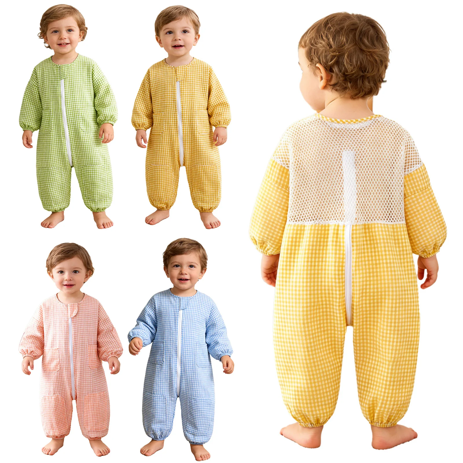幼児ベビー通気性メッシュバックオーバーウェアチェック柄ロンパース長袖ジッパーボディスーツ子供遊び食事絵画ジャンプスーツ
