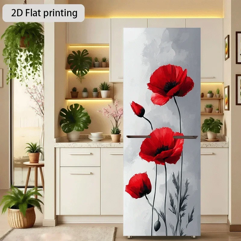 Refrigerator Sticker Red Poppy Flower Themed Design Wall Decal Self-Adhesive Wallpaper Suitable for Cabinets and Wardrobes, Mo