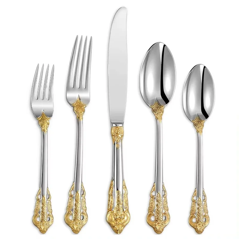 High Quality Vintage 304 Stainless Steel Spoon Fork Flatware Silverware Royal Hotel Wedding Gold Luxury Baroque Cutlery Set