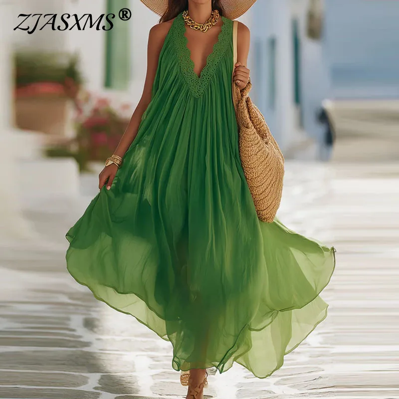 Boho Ärmelloses Sommer-Strandkleid für Damen, Frühling V-Ausschnitt Spitzenbesatz Plissiertes Langes Kleid, Lockeres Lässiges Swing-Partykleid