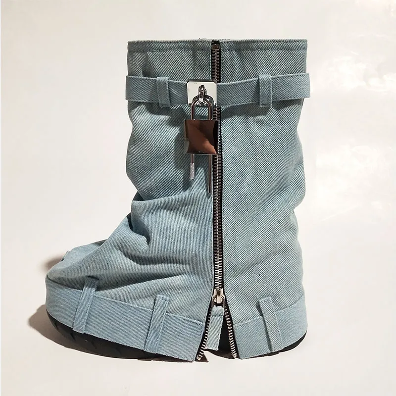 Arden Furtado 2024 Denim Wedges Short boots Round toe Platform Super high heel Metal buckle zipper Turned-over Edge Modern boots