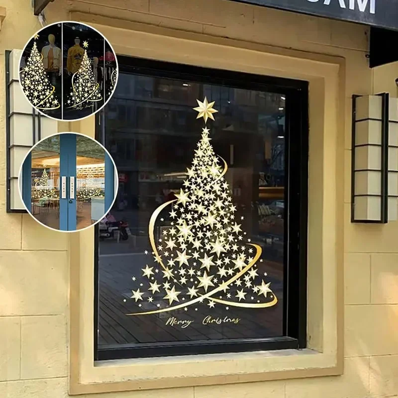 1 PCS New Year Window Stickers Christmas Tree Window Clings Stickers For Glass Large DIY Static Wall Window Door Showcase Decal