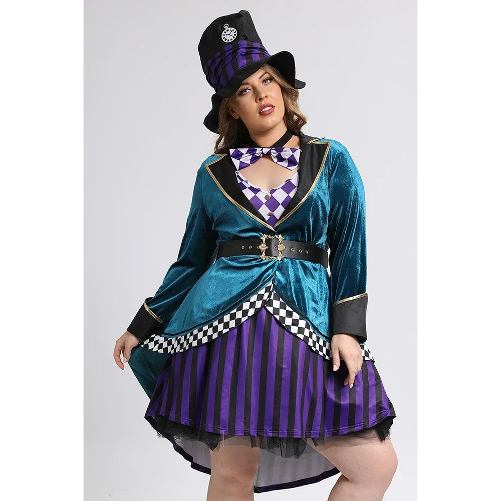 

Plus Size Halloween Stripe Print Mad Hatter Hat Bow Tie Cosplay Mini Dress