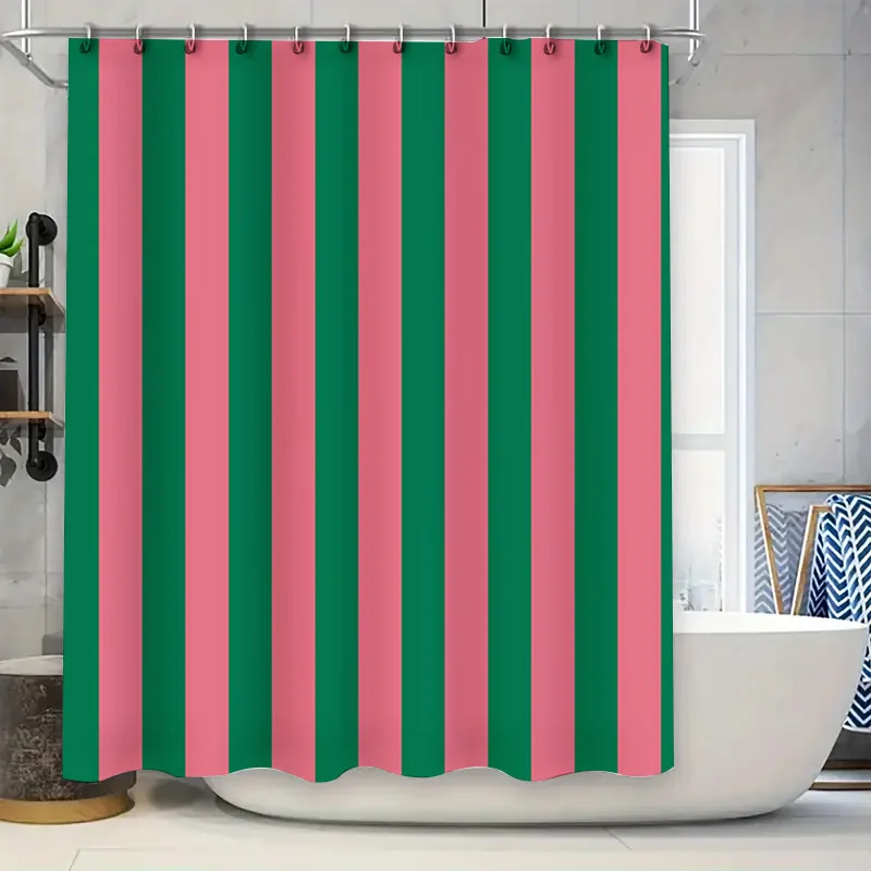 Green and Pink Stripe Shower Curtain Waterproof Easy to Clean Privacy Protection Print Bold Vertical Pattern Modern Quick Setup