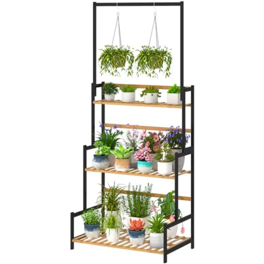 

Bamboo Hanging Plant Stand 3 Tier Ladder Shelf with Hanging Rod Height Adjustable Flower Pot Display Organizer for Balcony Porc