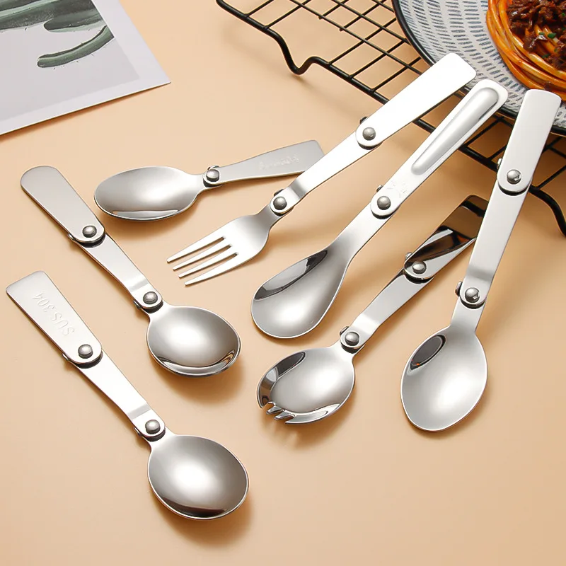 Stainless Steel Folding Spoon Outdoor Camping Picnic Fork Spoon Multifunctional Portable Mini Fork Spoon Camping Equipment Tools