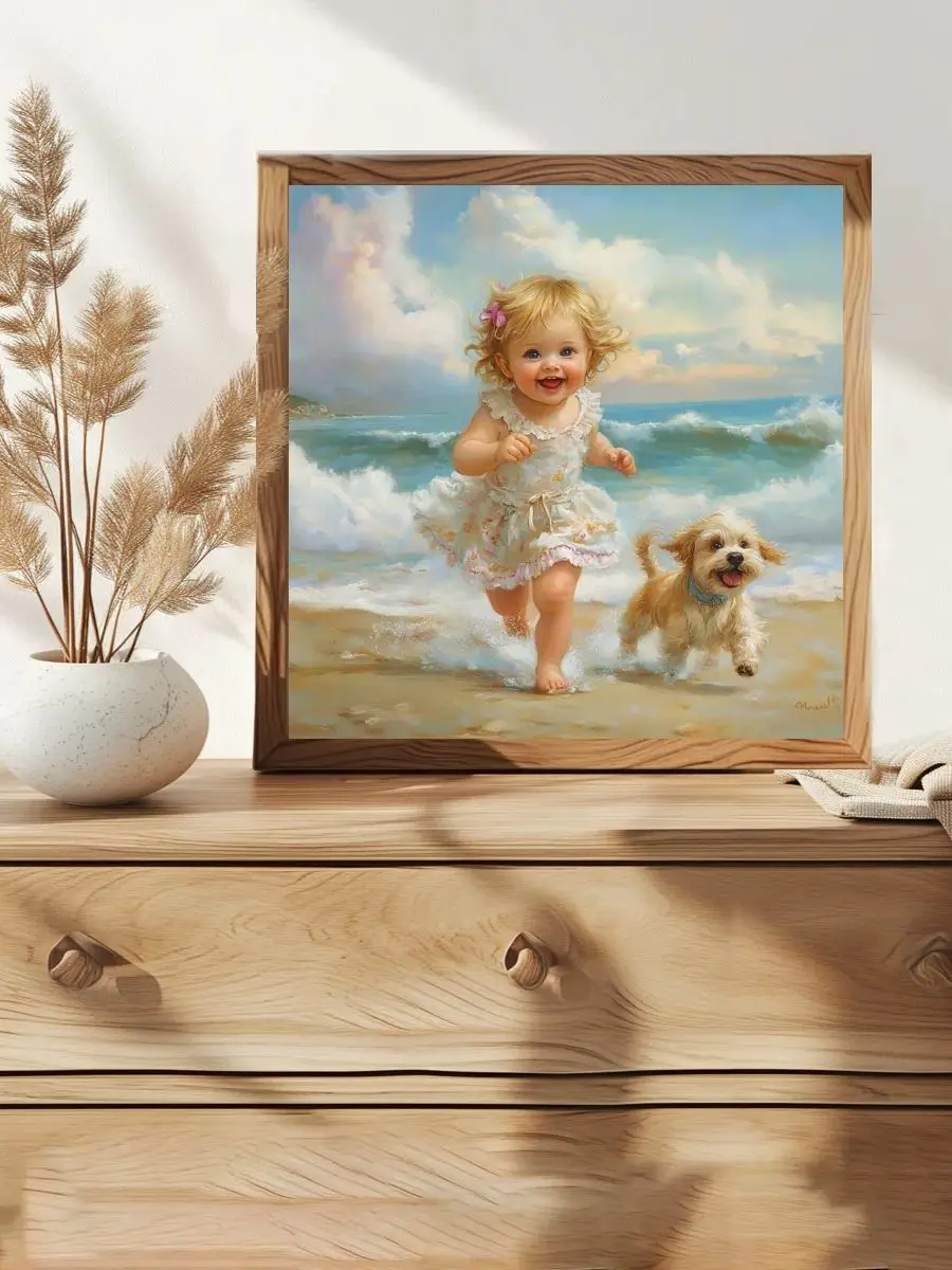 1 Stück 30x30 cm/11,8 Zoll Ein kleines Mädchen und ein Hund, die am Meer entlanglaufen, Kreuzstich-Set DIY-Kit 11CT/14CT Wanddekoration – Detail 1