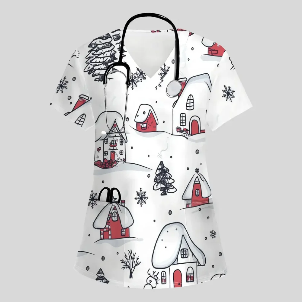 ชุดยูนิฟอร์มพยาบาลลายการ์ตูนคริสต์มาสสำหรับผู้หญิง แฟชั่นคอวี แขนสั้น สวมใส่สบาย