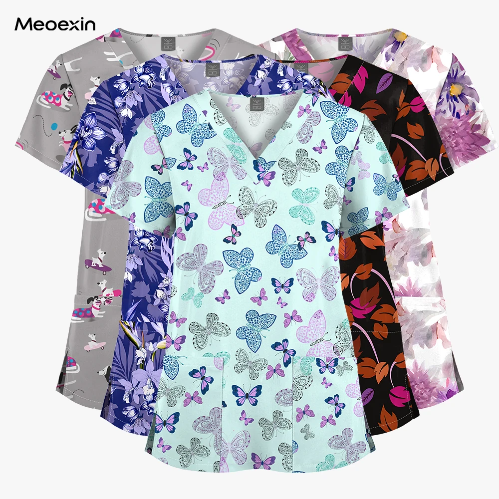 

Мужская и женская униформа с v-образным вырезом для кормления, спа-скраб, скрабы с принтом, топ, мультяшная медицинская форма, эластичные скрабы, топы, блузка, Medicale Femme