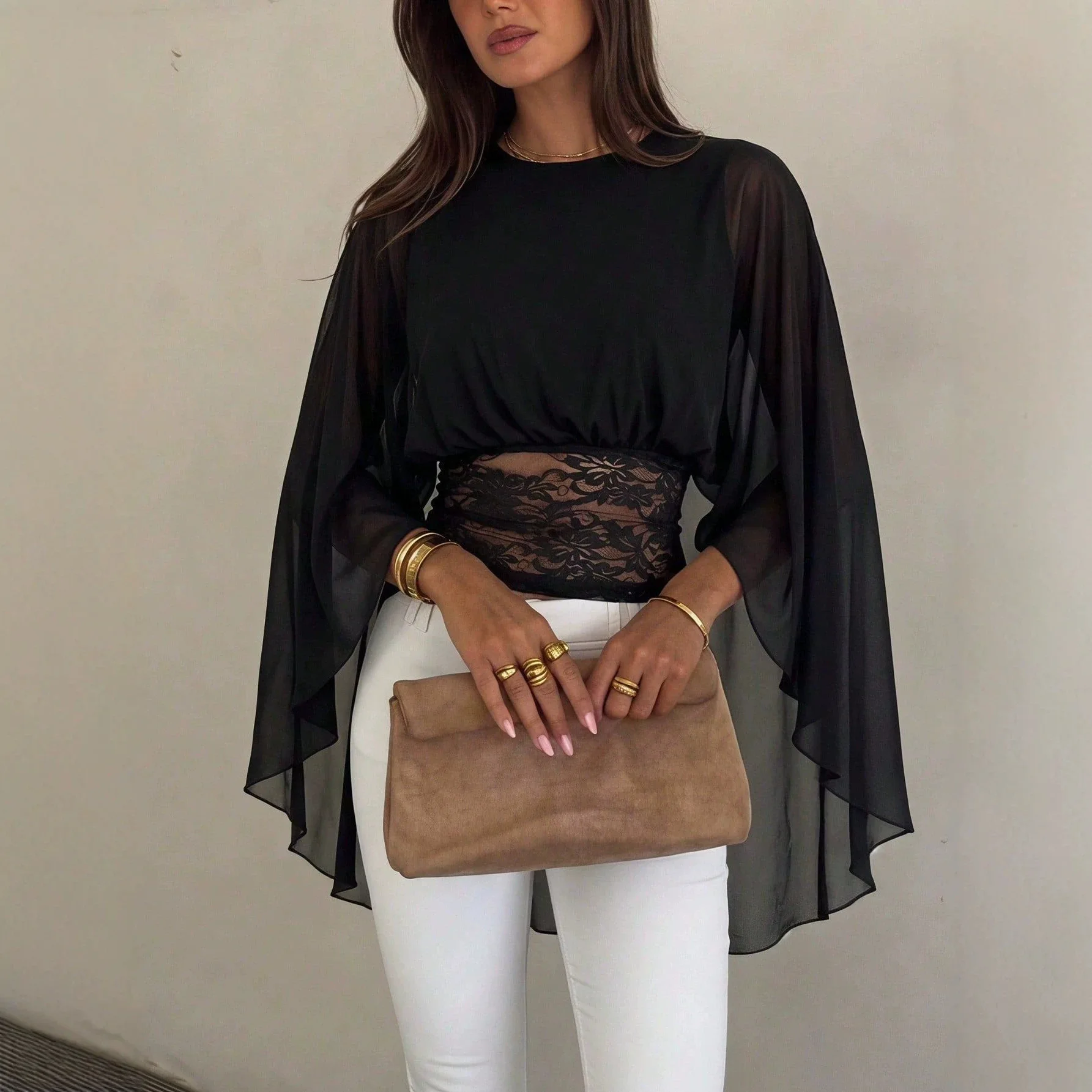 Fashionable And Elegant Off Shoulder Lace Hollow Slim Fit Autumn Top Women's Shirt Retro Streetwear Solid Color Flared Sleeves