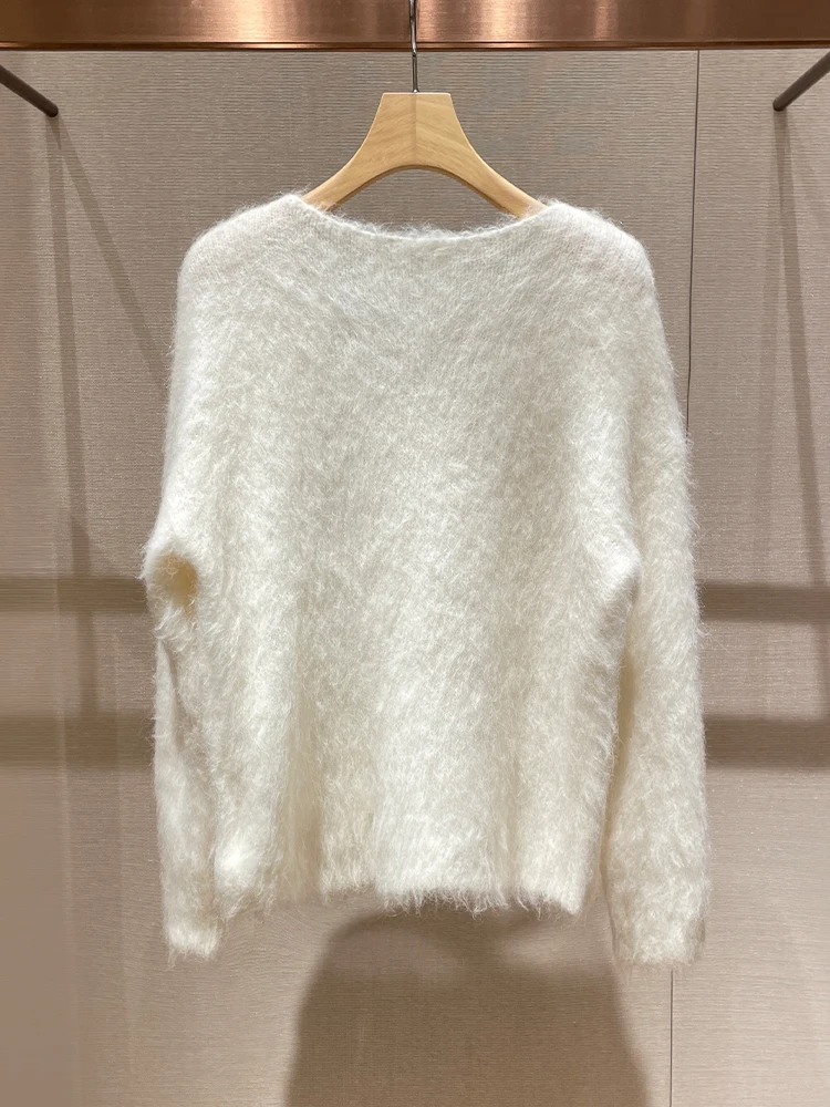 French Style Beading Bow Mink Sweater for Women Spring Autumn V Neck Long Sleeve Knitted Pullovers White Casual Sweet