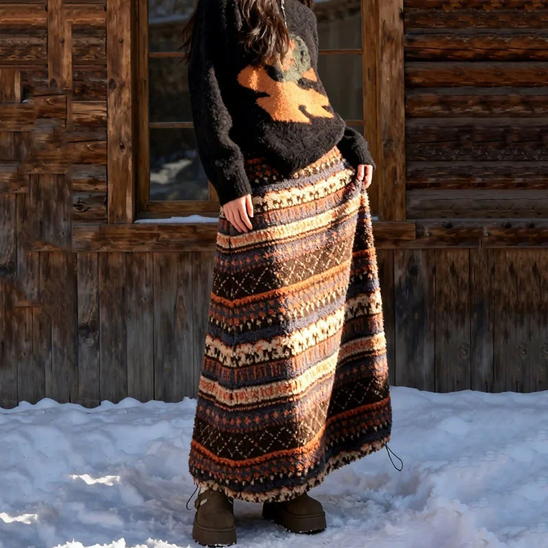 الخريف والشتاء جديد القطبية الصوف التنانير النساء خمر مخطط كتلة اللون تنورة طويلة للمرأة Y2K موضة فضفاضة ميدي التنانير #2