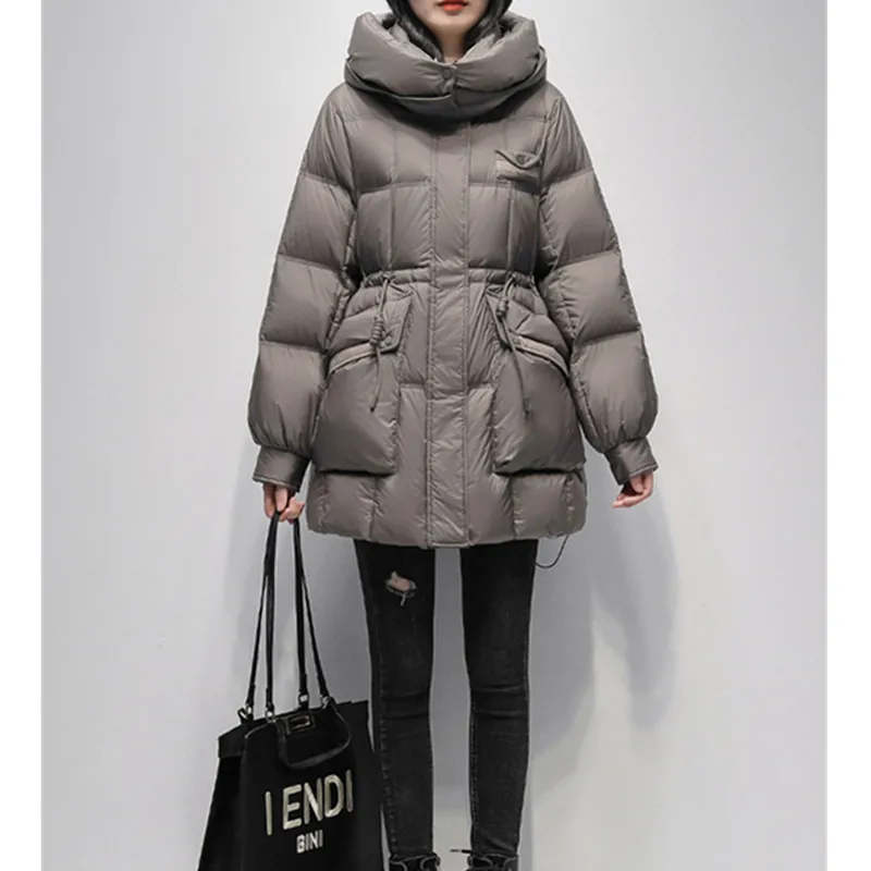 Grey Short Down Jacket Women's 2026 Winter New Korean version Loose 90 White duck down Waist Hooded Fashion Thicken Coat Female