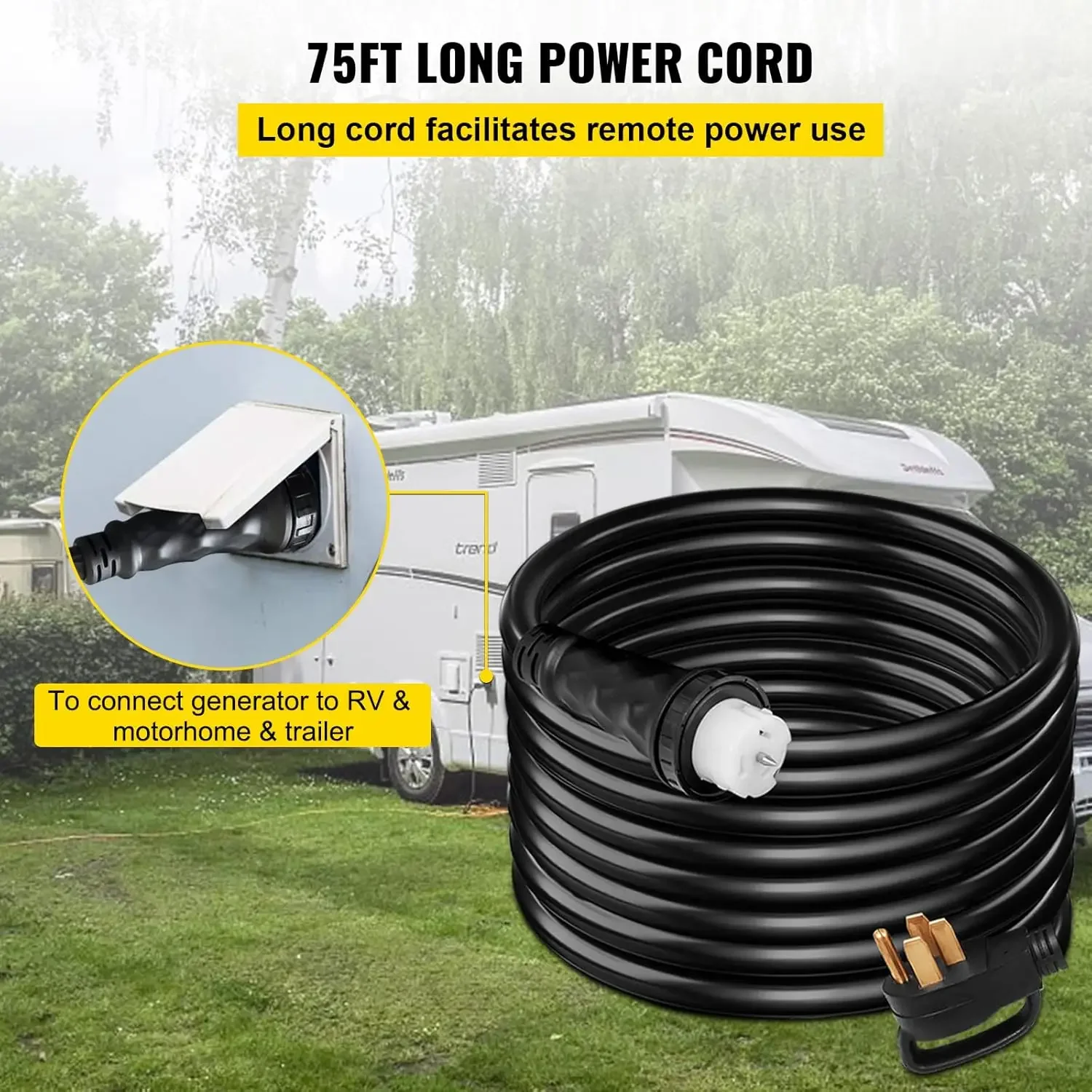 

75Ft 50 Amp Generator Extension Cord 4 Wire 8 Gauge Generator Cord 125V 250V Generator Power Cord N14-50P & SS2-50R
