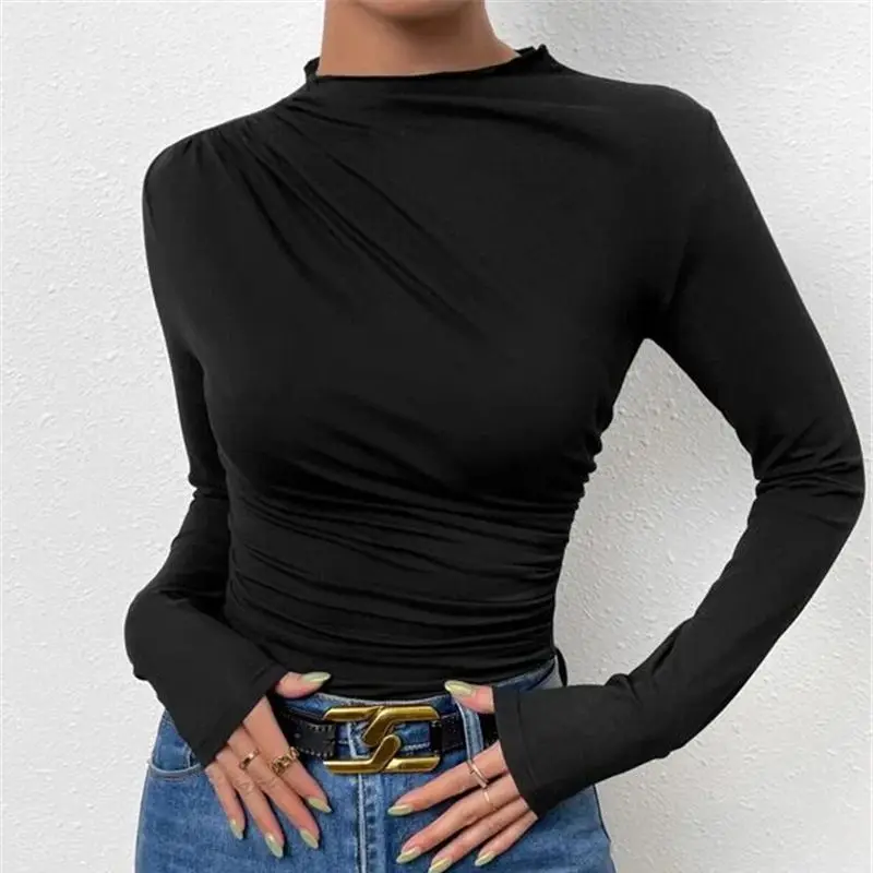 Color Slim Fit Pleated Long Sve T-irt Women's Top Street Sle Pure Color Elastic Fabric High Collar Chinese Production