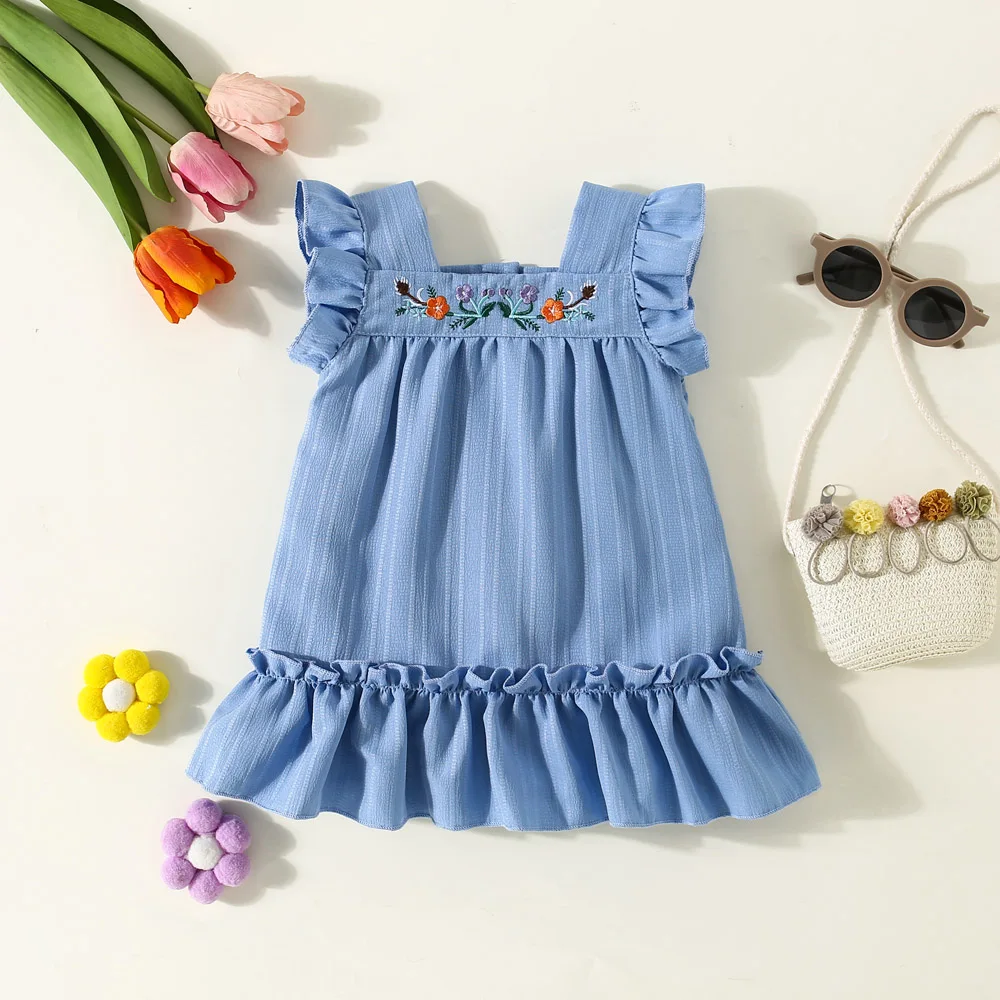 Summer New Girls Dress With Sweet Flying Sleeves Childrens Plaid Dress Heavy Lifting Little Chicken Embroidery Princess Dress