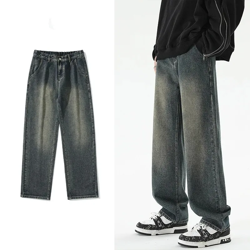 Men's Spring Autumn Solid High Waisted Button Zippered Pocket Distressed Casual Loose Wide Leg Workwear Jeans Trousers Pants