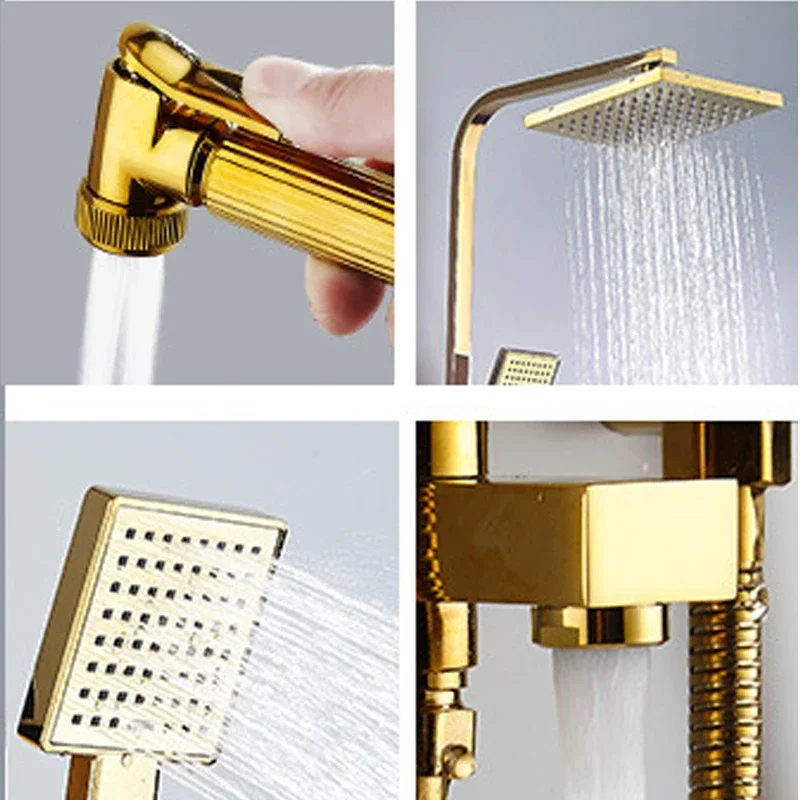 Bathroom Wall Mounted Rainfall Gold Finish Shower Stir Head Faucet Set with Bidet Spray