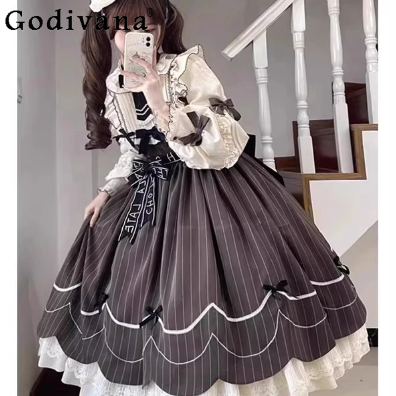 رائع الحلو لوليتا اليومية OP فستان أنثى لطيف أنيق لوليتا فستان الأميرة المرأة ربيع الخريف طويلة الأكمام القوس فستان