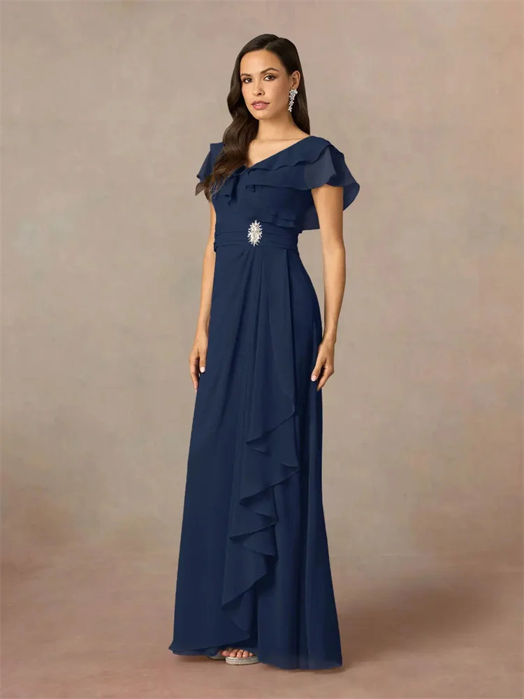 New Product V Neckline Ruched Short Sleeves Chiffon A-Line Mother Of The Bride Dress Back Zipper Floor Length Gown For Women