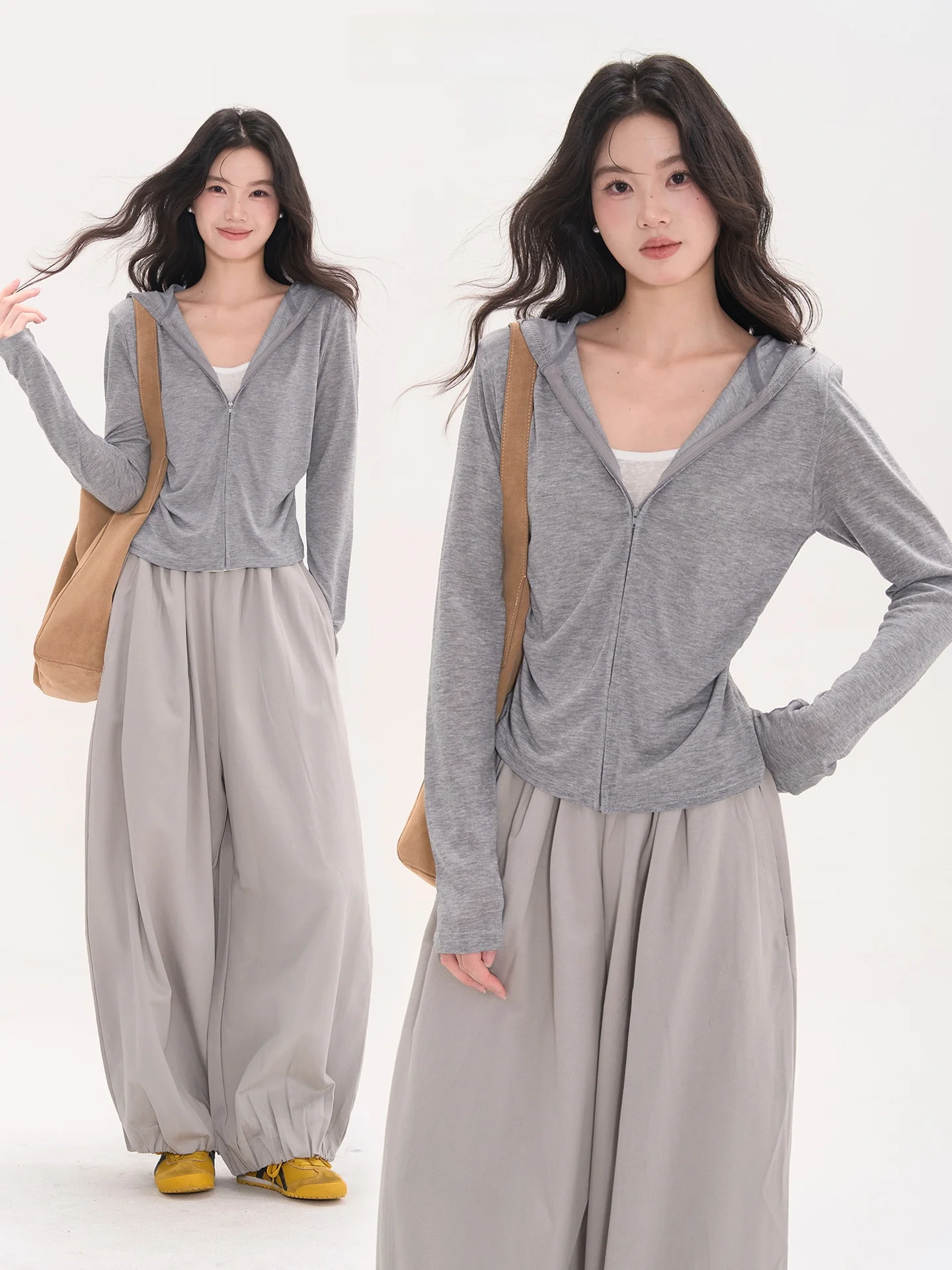 

Корейская женская толстовка на молнии с капюшоном, весенне-осенняя повседневная полосатая кофта с V-образным вырезом, тонкий кардиган с длинными рукавами, имитация двухслойности