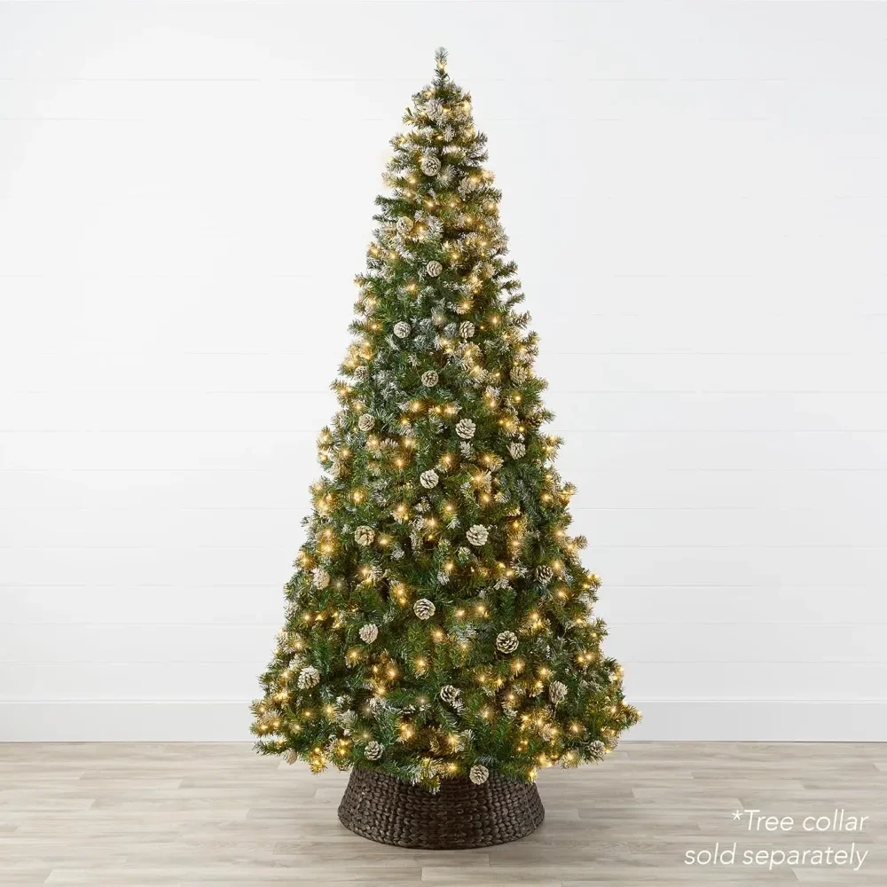 

9ft Artificial Christmas Tree, W/ 2,028 Flocked Frosted Tips, 108 Pine Cones, 850 Lights, Metal Base, Large Christmas Trees