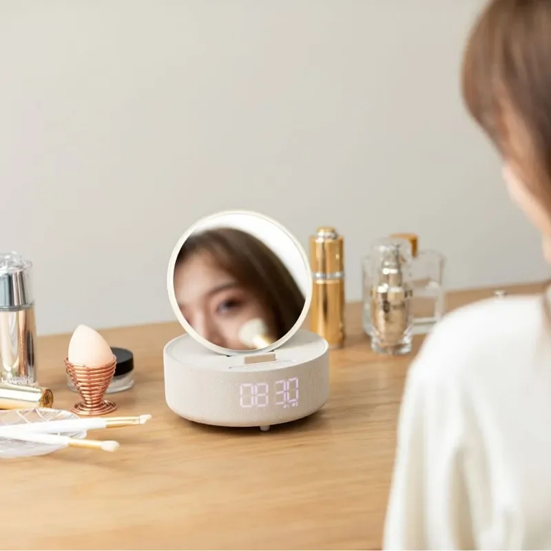 Wireless Charging Makeup Mirror with Bluetooth Speaker LED Night Light Alarm Clock Adjustable Brightness Vanity Desk Gift for