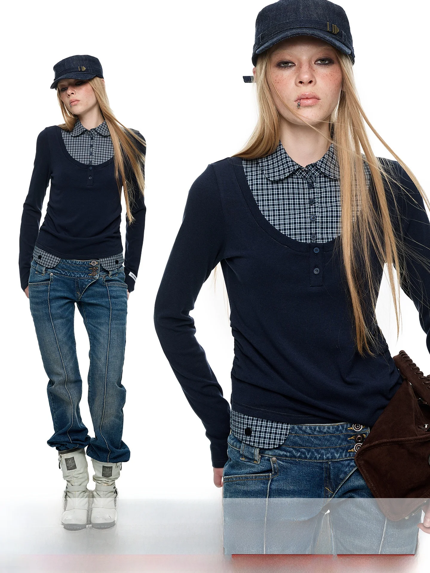 JIKOO Matilda Miu Patterned Long Sleeve Shirt Color Block Fake Two-Piece Base Shirt T-Shirt Top Women's Loose Fit Breathable ...