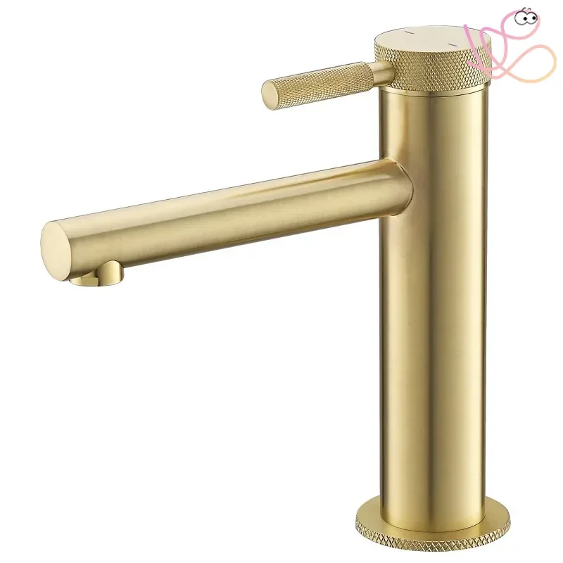 Brushed Gold Basin Faucet Hot And Cold Water Sink Tap Bathroom Mixe Knurled Single Handle Deck Mounted