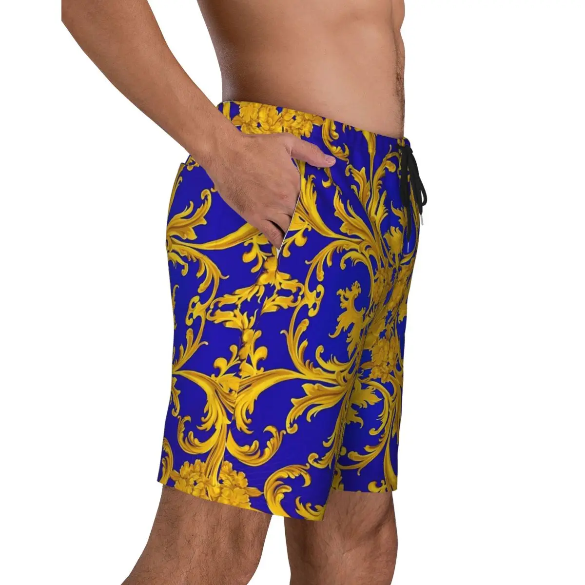 Baroque Print Board Shorts Summer Blue and Gold Sportswear Board Short Pants Man Fast Dry Hawaii Printed Large Size Swim Trunks