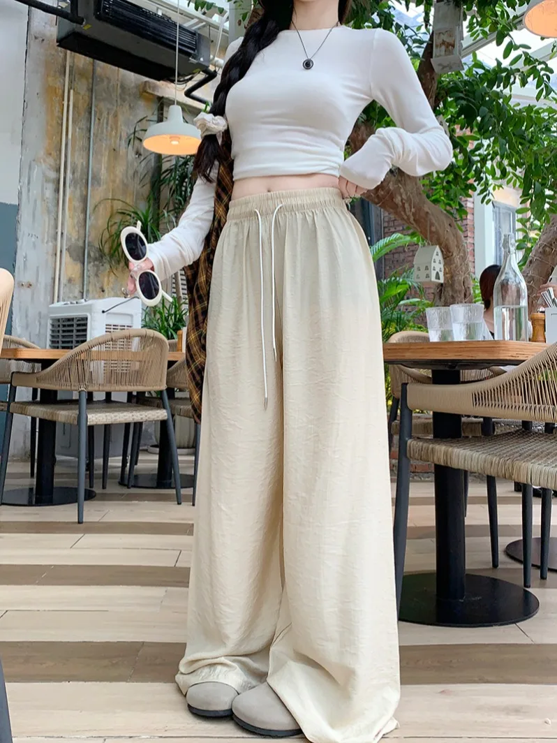 Gray Ice Silk Casual Pants For Women 2024 Summer High Waisted Loose Straight Wide Leg Pants