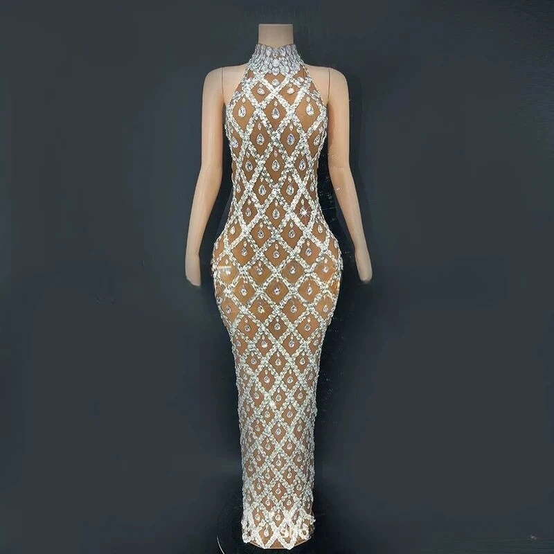 Costume Shiny Diamond Brown Mesh Ladies Temperament High-end Temperament Celebrity Birthday Evening Dresses Woman Elegant Luxury
