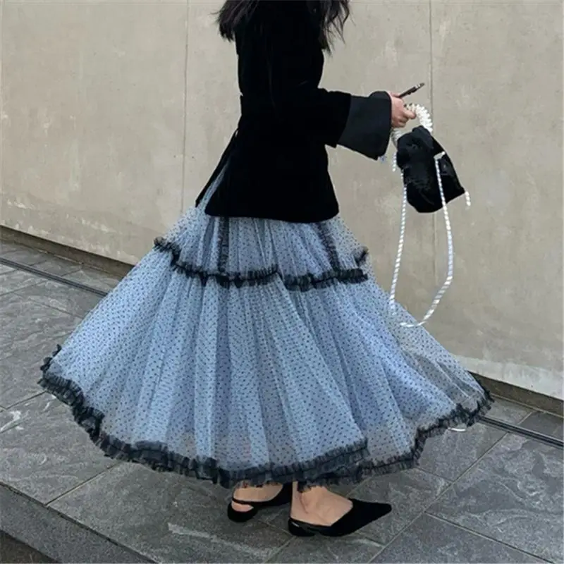 Jupe bouffante en maille féerique pour femmes, Patchwork, bleu haut, à pois, ligne A, légère, élégante, mode dames, nouvelle collection 2025