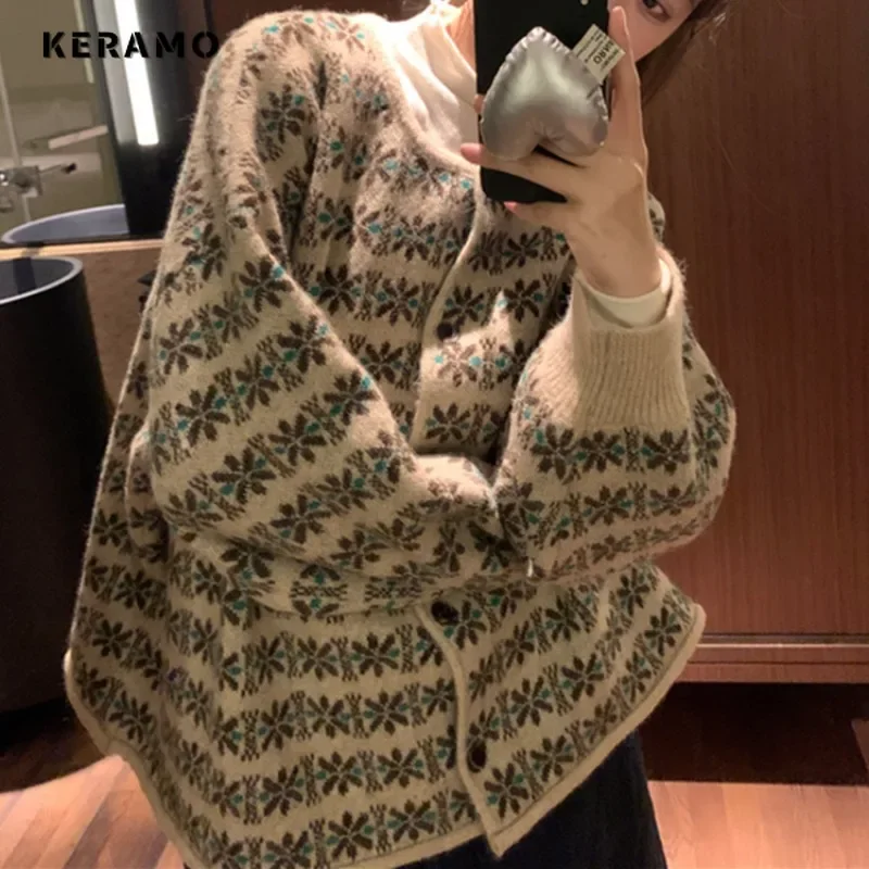 2024 Winter Vintage Casual Single Breasted Fashion Sweater Women Knit Printting Jumpers Long Sleeve Turtleneck Loose Cardigans