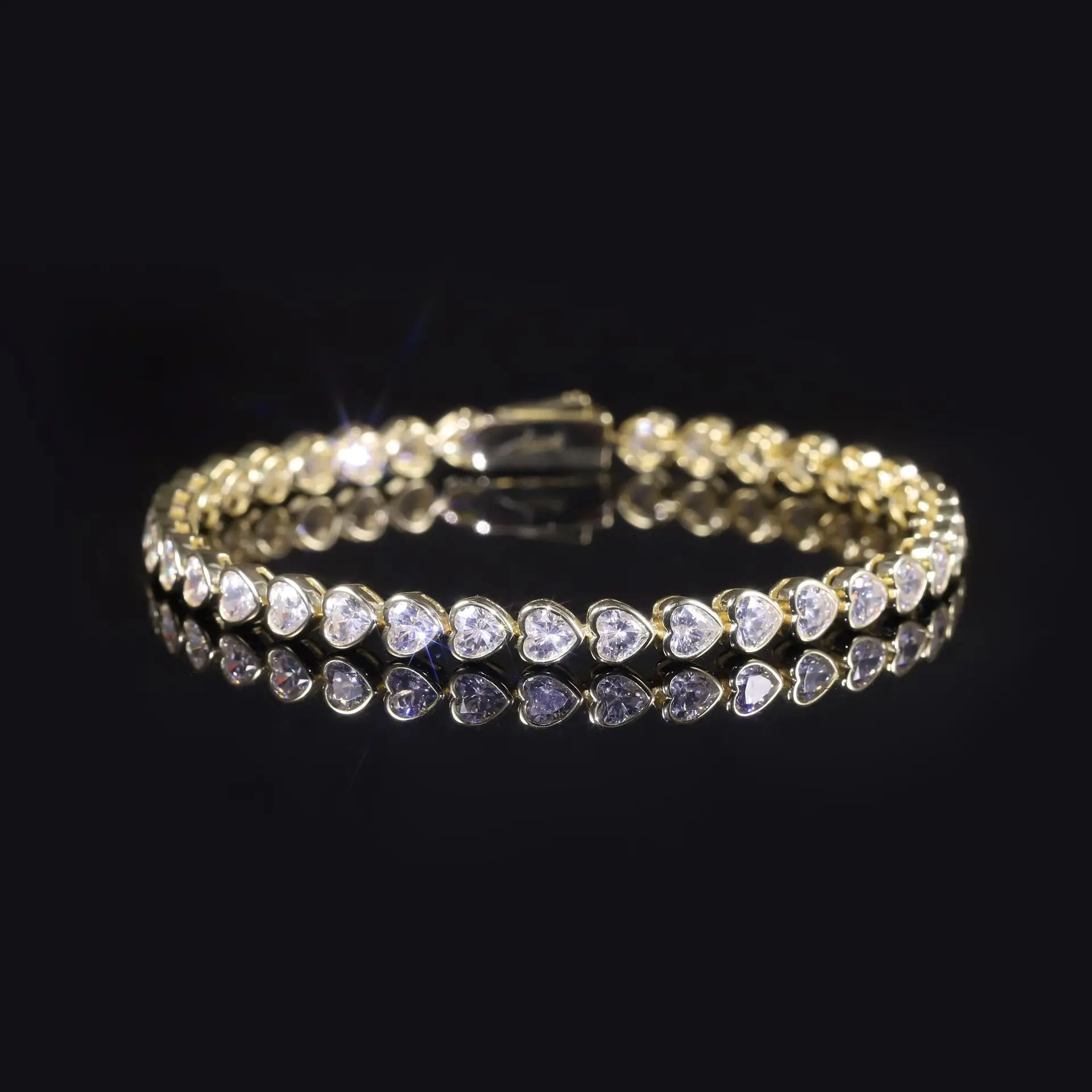 S925 Sterling Silver Heart Moissanite Tennis Bracelet 4mm, Gold Plated Full Drill Hip Hop Chain