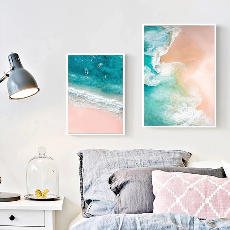 Nordic Pink Beach Ocean Canvas Artwork Poster HD Printing Surf Coconut Tree Wall Art Picture Living Room Bedroom Home Decor