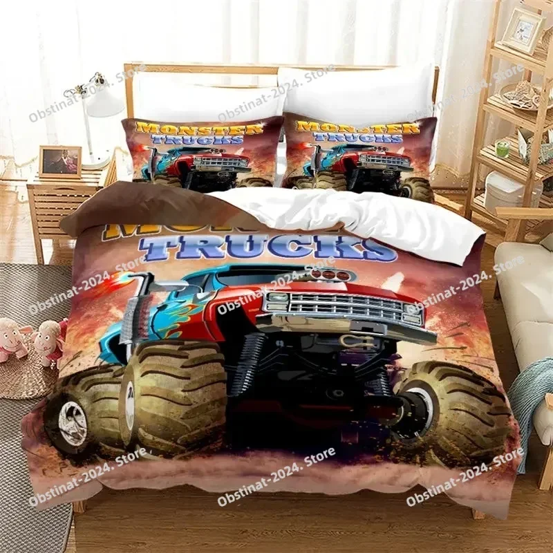 Cartoon Monster Truck Cool Vehicle Off Road Vehicle Bedding Set Duvet Cover Full Queen King Size Pillowcase Bed Printed Bed Set