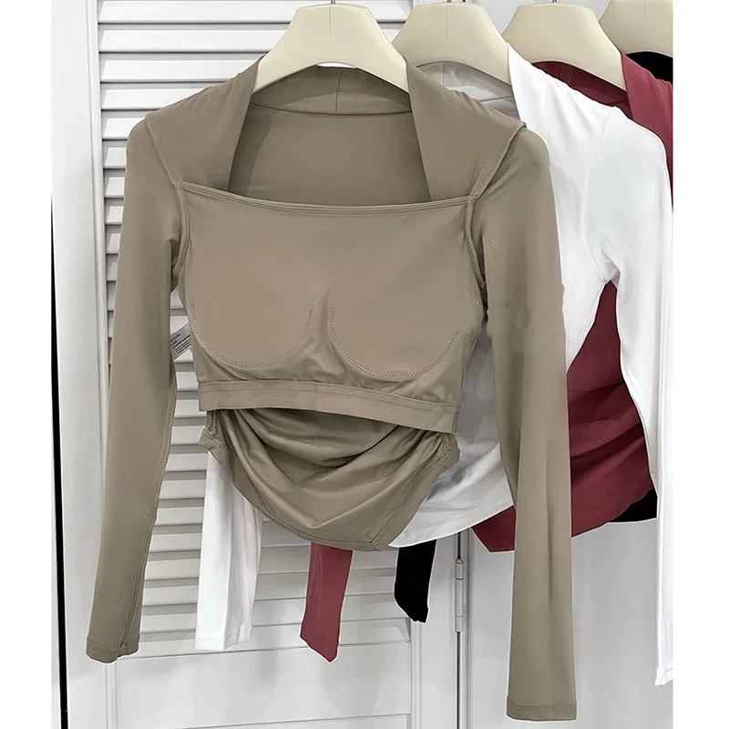 Fitness Chest Cushion Sports Top Women Long Sleeve Shirts Pra Speed Up Short Elegant Dance Yoga Clothes Small Waistband Gym
