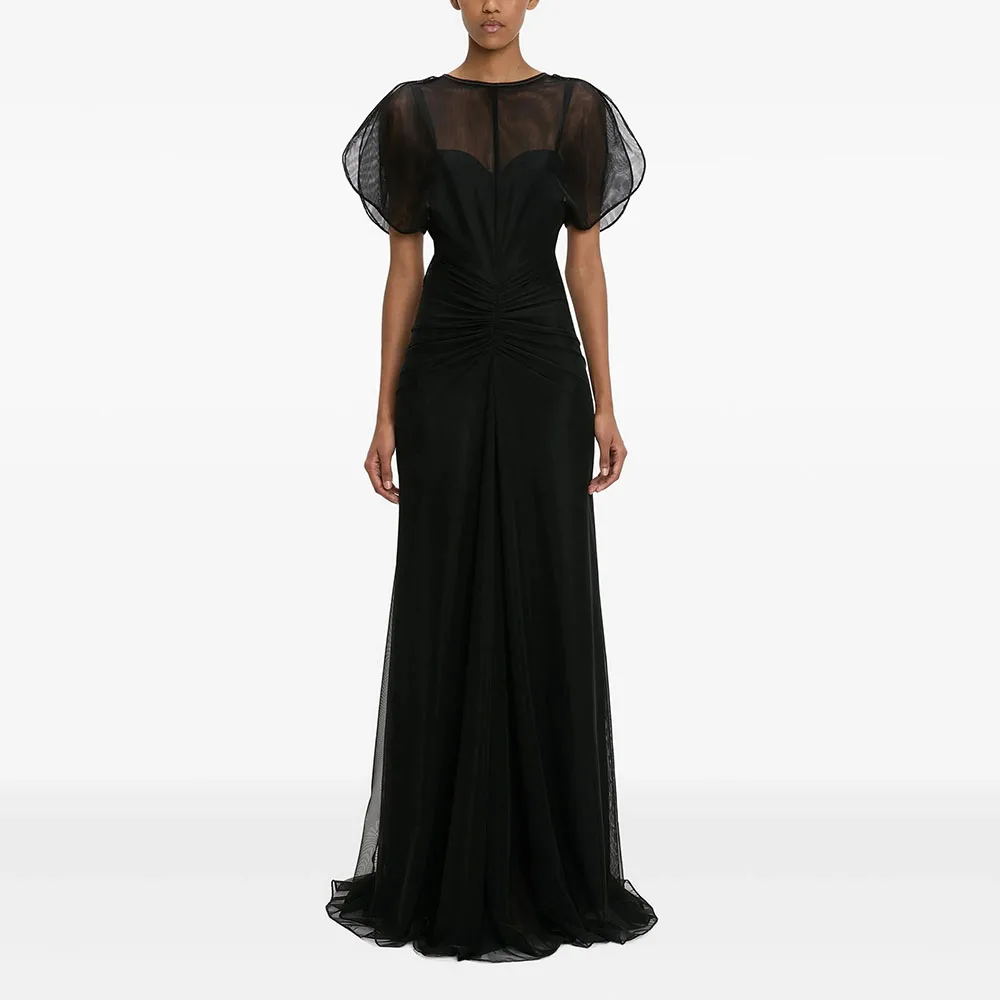 

Черные вечерние платья с круглым вырезом по индивидуальному заказу. Элегантные платья для выпускного вечера для торжественных случаев. Шифон с короткими рукавами. 2025. Платья для выпускного вечера длиной до пола.